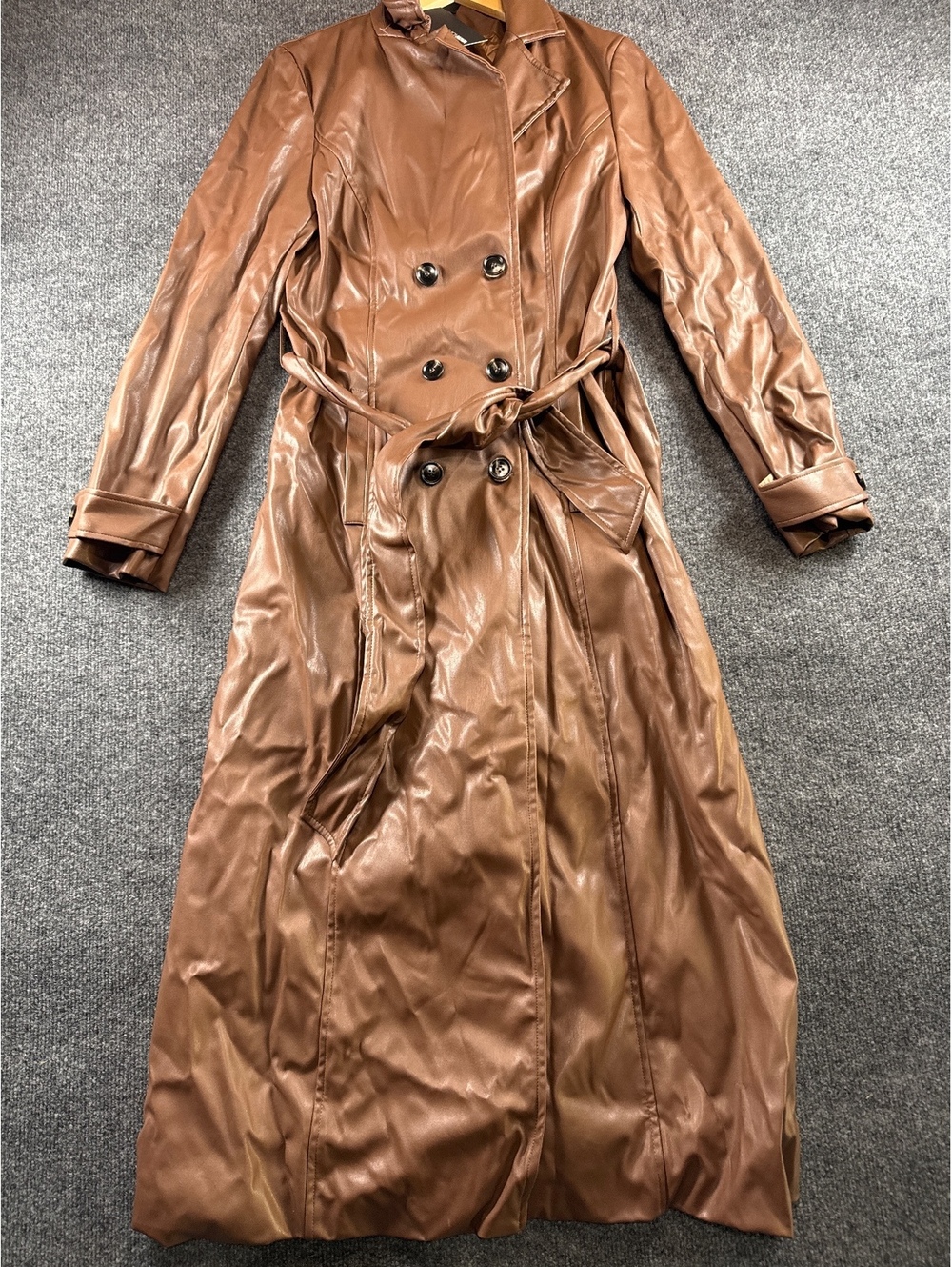 Fashion Nova Get A Clue Faux Leather Trench Coat Womens M Chocolate Brown NWT